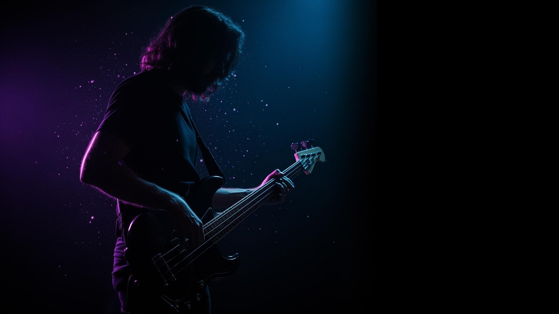 Bassist playing in a dark studio